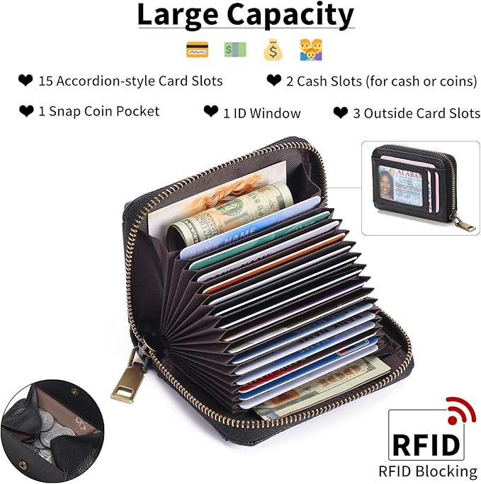 GAEKEAO Credit Card Holder Wallet for Women RFID Blocking Small Genuine Leather Card Case with Coin Pocket ID Window