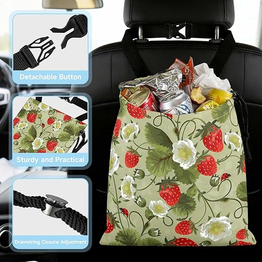 Strawberries and Leaves Car Trash Bag - Waterproof Car Trash Bag Hanging Leakproof Car Garbage Bag - Washable Reusable Trash Bag For Car Interior Hanging Organizer Storage Vehicle Travelling Camping
