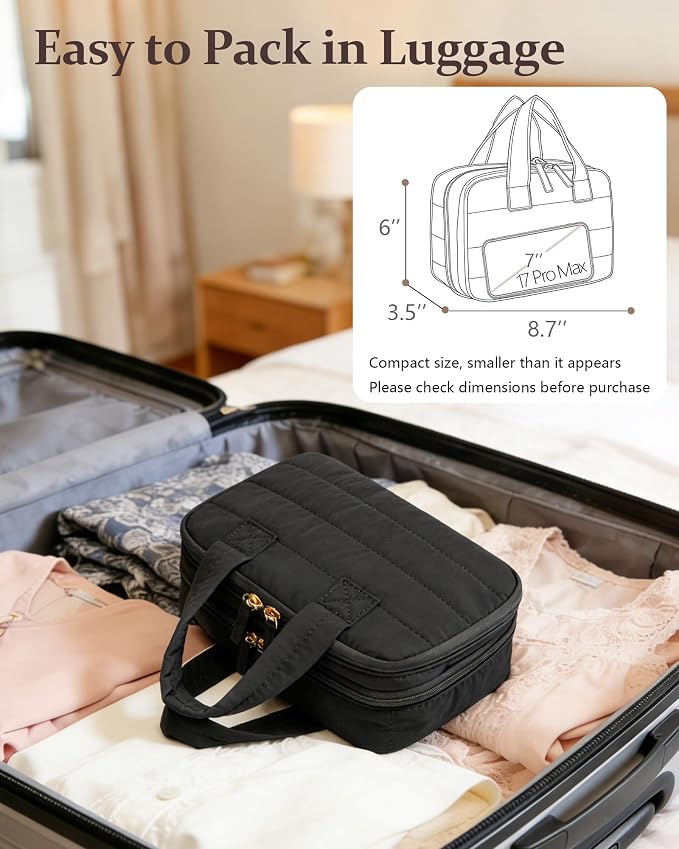 Small Makeup Bag, Travel Cosmetic bag, Toiletry Bag For Women, Make up Bag With Brush Storage, Hanging Toiletry Bag, Puffy Padded Makeup Organizer Case, Wide-open Travel Essentials (Black)