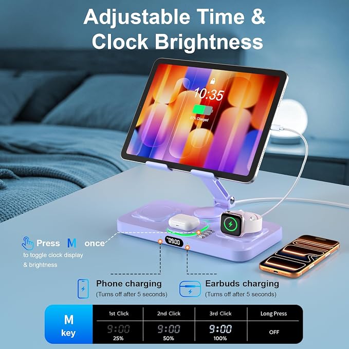 Magnetic Charging Station for Apple Multiple Devices, Wireless Charger with Clock & Light, Foldable Wired Charging Stand for iPad/Tab, Mag-Safe Charger for iPhone 17, for Apple Watch for AirPods