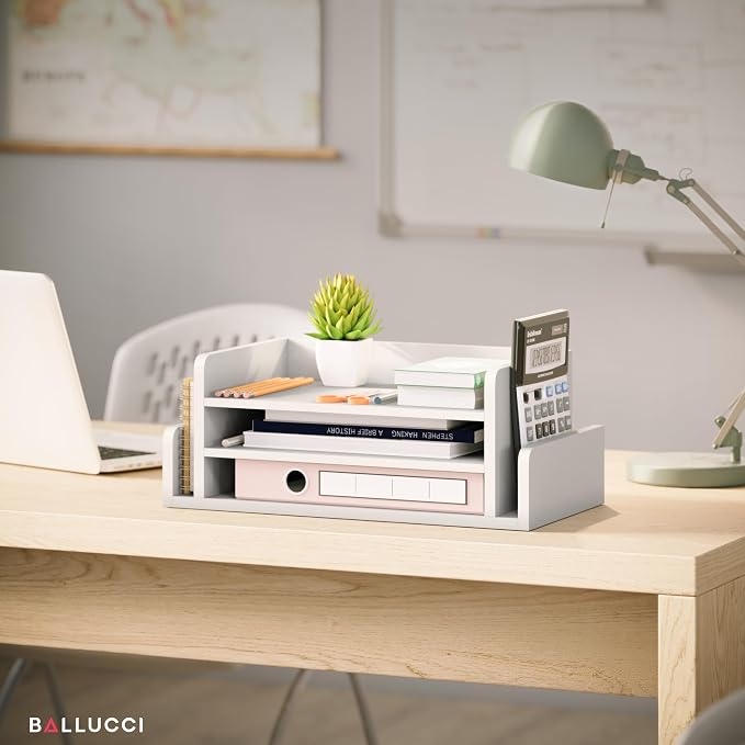 Ballucci 3-Tier Desk Organizer with 2 Side Mail Sorter Slots, Wood Letter Tray, Open Top Paper Organizer, Desktop File Organizer, White