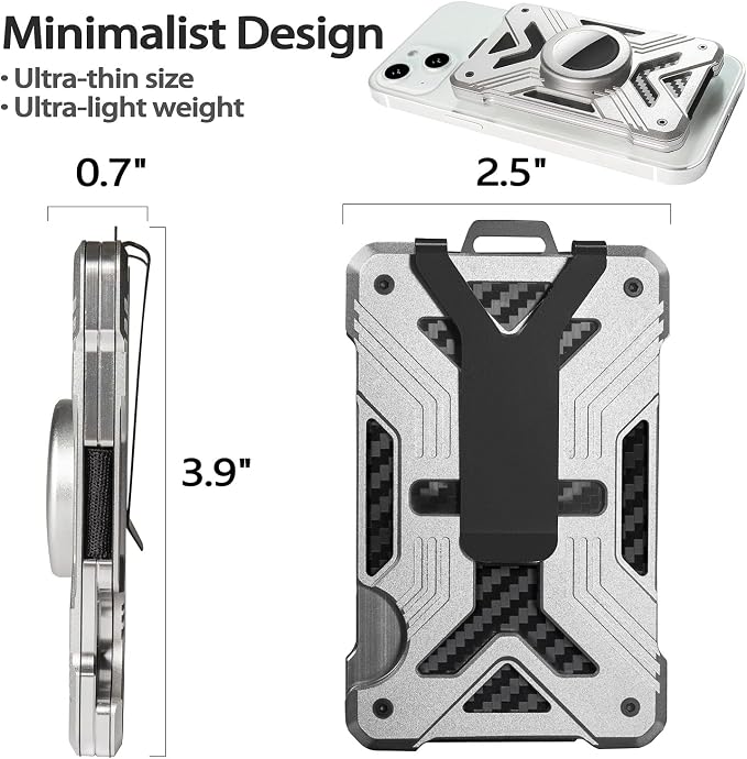 AirTag Wallet (No Airtag) with Metal Money Clip, Minimalist Wallet for Men with AirTag Holder, Carbon Fiber Money Clip, Slim Wallet for Men, RFID Blocking, Ultra-Thin Tactical Wallet Gift-Silver