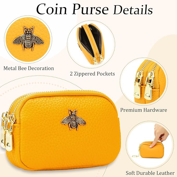 WOZEAH Leather Coin Purse for Women Small 2 Zipper Change Wallet with Key Ring Card Key Coin Cash Holder Pouch(Yellow)