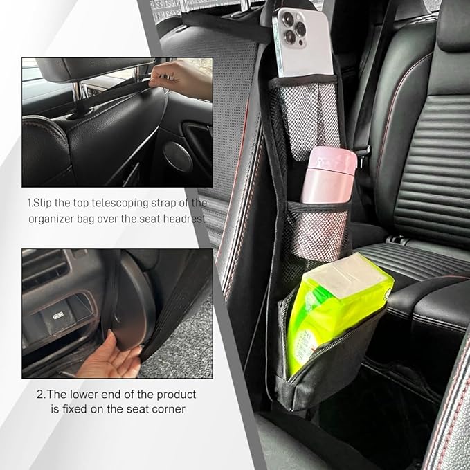2PCS Car Seat Side Organizer, Seat Side Storage Pocket, Multifunctional Mesh Net Pocket, Car Multi-Pockets Backseat Organizer Side Hanging Bag for Storage Coins, Cell Phones (Black, 2PCS)