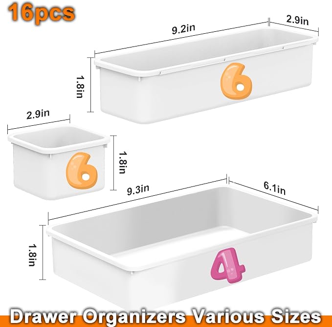 QUELIEN Desk Drawer Organizer Tray Set, 16PCS Plastic Drawer Organizer Bins for Office, Makeup, Kitchen - White Desk Organizer with Flexible Interlocking Design for Efficient (White, 16PCS)
