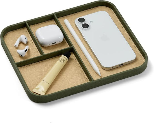 Nordik Leather Valet Tray - Moss Green - 9.5 x 7.9 Inch Medium Vegan Leather Tray - Stylish Nightstand Organizer for Men - Modern Bedside Caddy - EDC Catchall for Key Watch Wallet Jewellery