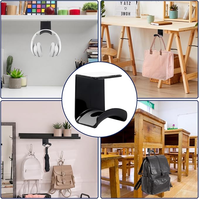 1Pcs Black ABS Plastic Headphone Stand Hanger, Hanging Headset Holder Hook Under Desk, Adhesive Earphones Hangers for Desk Headphone Hanger, Most Headphones and Controller