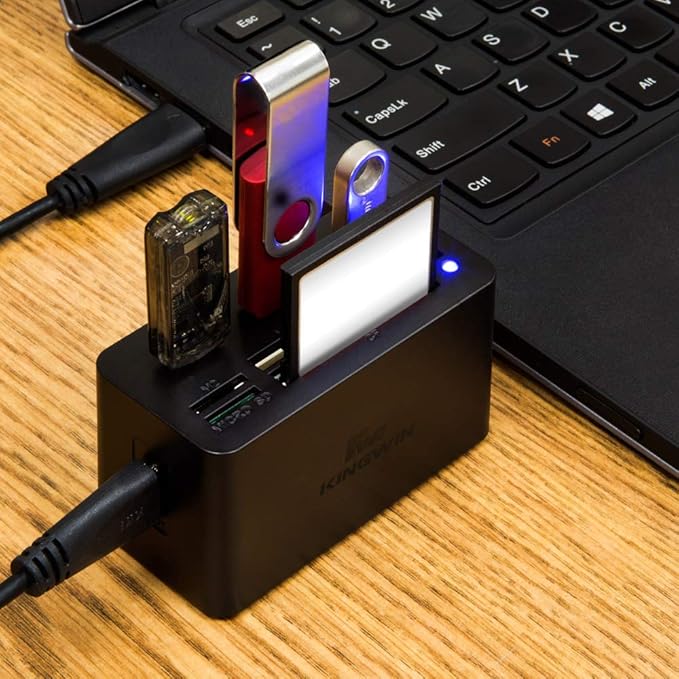 Kingwin USB HUB Adapter w/ Memory Card Reader Writer & USB 3.0 HUB Combo - Supports High Speed SD MS Micro M2 CF Card Reader For Macbook, Laptop, Desktop - Includes USB Cable 5 Gbps Speed, Black
