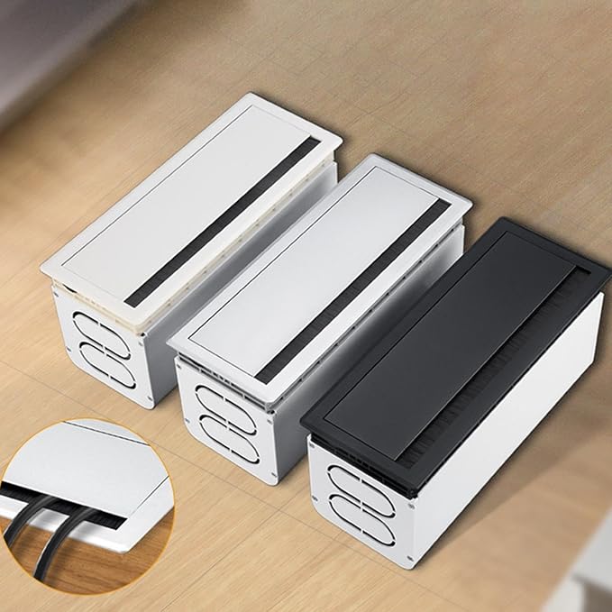 Cable Box Wire Organizer Cable Management Box Wire Holder Flip Brush Aluminum Alloy PP Dustproof Embedded Design Suitable for Office Desk, Black