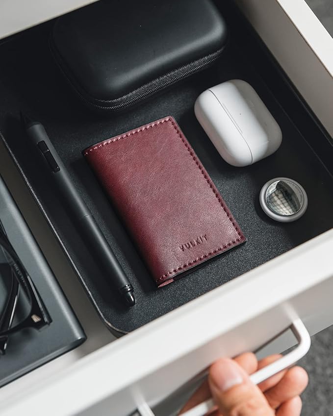 VULKIT Leather Business Card Holder 2 Sided Slim Business Name Card Organizer for Men or Women, Up to hold 20 cards (Vintage Wine)