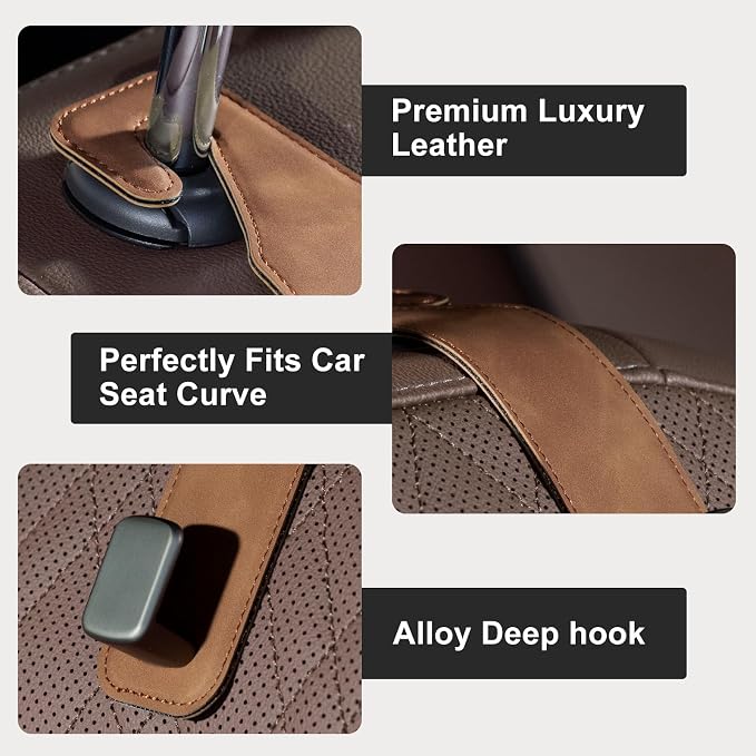 CoBak Headrest Hooks for Car - Universal Premium Stitched Leather and Aluminum-Magnesium Alloy Single Car Seat Back Storage Hook for Purses, Handbags, Bags (2 Pack),Brown
