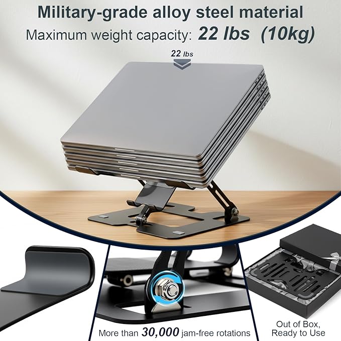 Alloy Steel Laptop Stand, Ergonomic 2-in-1 Laptop & Phone Stand, Adjustable & Portable Laptop Stand for Desk, Computer Stand, Compatible with MacBook Pro/Air and More 10-18" Laptops - Black