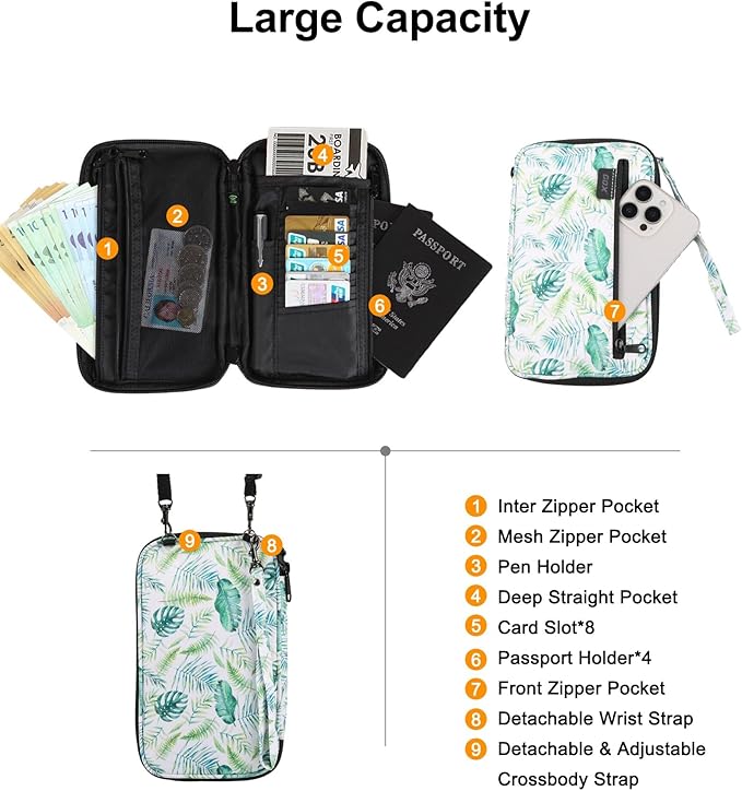 GOX Passport Holder for Travel Family RFID Neck Wallet for Traveling Women Travel Pouch for Passport and Documents with RFID Waterproof Zipper Passport Case (Forest)