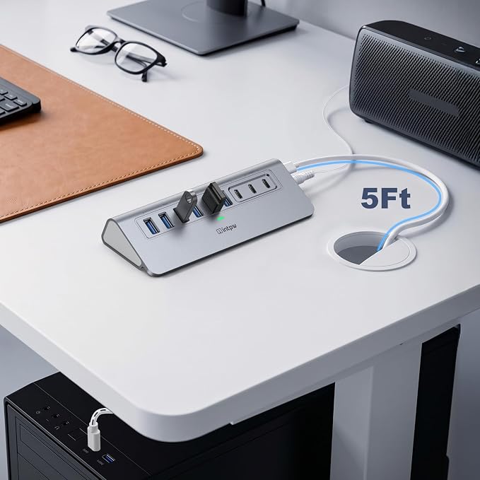 Powered USB Hub 10Gbps, intpw YH6AC 9-Port USB 3.2 /USB C Hub with USB A/USB C 3.2, 4 USB 3.0, 2 PD 45W Charging Port, 65W Power Adapter + 5FT Cable, Aluminum USB Hub for PC, iPhone 17/16/15/Laptop