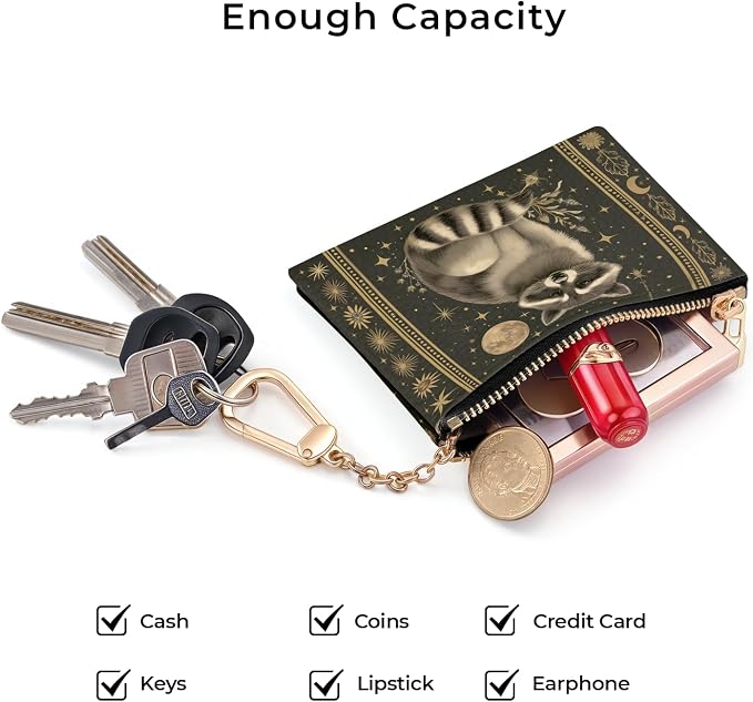 Vintage Raccoon Keychain Coin Purse for Women, Small PU Leather Change Pouch, Zipper Little Tiny Travel Wallet for Girls, Cute Kawaii Zip Pocket Coin Holder with Key Ring