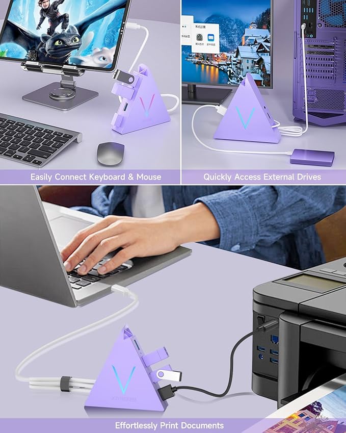 USB C Hub, USB Type C to 4-Port USB 3.0 Adapter for MacBook, Surface, Laptop, Flash Drive, Mouse, Keyboard, HDD (2ft, Light Purple)