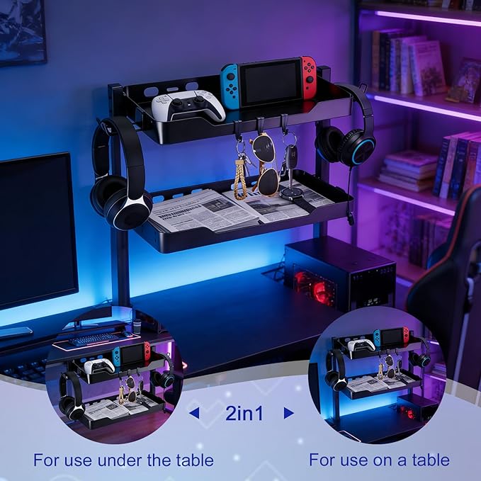 2-Tier Clamp on Desk Shelf, Dual-purpose Desk Organizer (Used on or Under Desk Storage), Desk Shelf Clamp with Hooks and High Load-bearing capacity, Suitable for Office Desk, Gaming Accessories