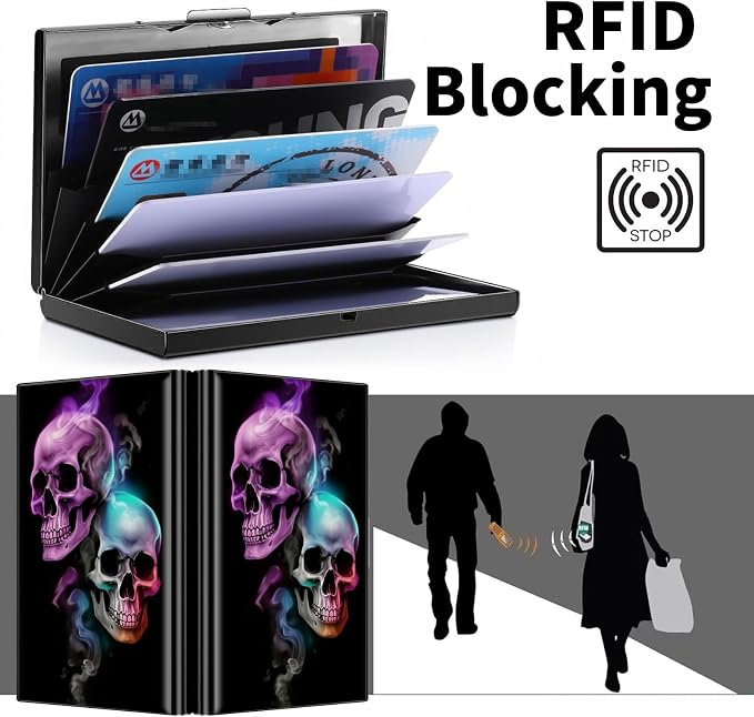 Metal Wallet, Credit Card Holder for Women Men Girls, RFID Blocking Aluminum Wallet Slim Hard Case, Mini Travel Wallet, ID Card Holder Business Card Case,Skull
