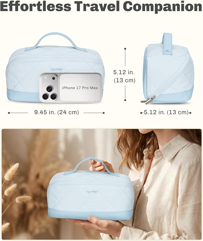 Hynes Eagle Travel Makeup Bag for Women Puffy Cosmetic Organizer Pouch Open Flat Toiletry Bag for Toiletries Brushes Structured Base Light Blue