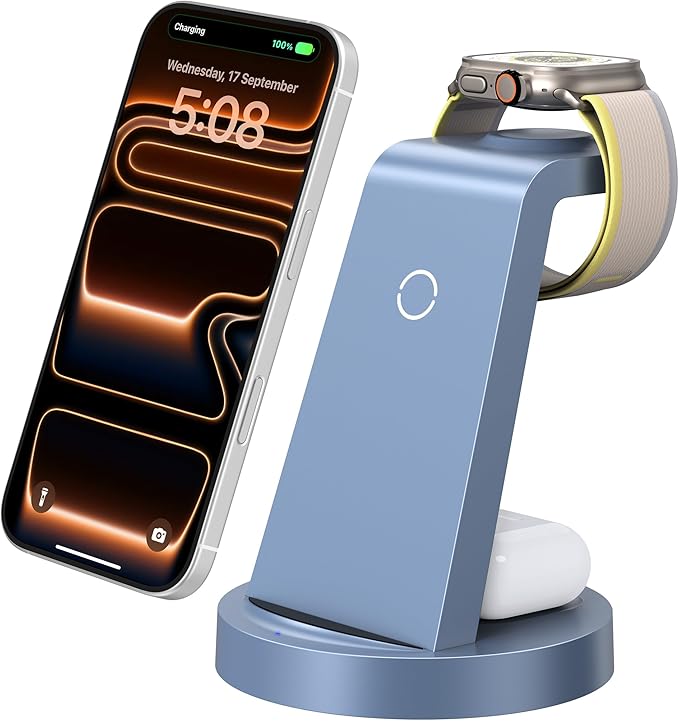 Anlzm 3 in 1 Charging Station for iPhone, Wireless Charger for iPhone 17 16e 16 15 14 13 12 11 X Pro Max & Apple Watch - Charging Stand Dock for AirPods (Blue)