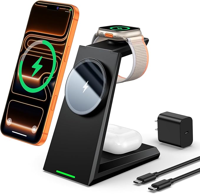 3 in 1 Magnetic Wireless Charging Station - 15W Fast Charging for iPhone 17/16/15/14/13/12, Compatible with MagSafe, for Apple Watch & AirPods, Auto-Dimming Light for Nightstand, Includes 30W Adapter