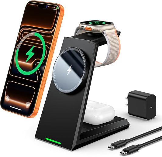 3 in 1 Magnetic Wireless Charging Station - 15W Fast Charging for iPhone 17/16/15/14/13/12, Compatible with MagSafe, for Apple Watch & AirPods, Auto-Dimming Light for Nightstand, Includes 30W Adapter