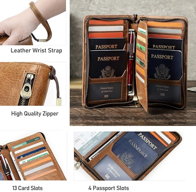 CONTACTS Full Grain Leather Travel Family Passport Holder for 4 Passport Wallet RFID Blocking Passports Organizer 3 Layer Design Fit 4 Passports, 13 Credit Cards (Camel Brown)