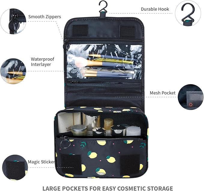 Large Capacity Toiletry Bag Travel Bag with Hanging Hook for Men and Women Waterproof Travel Cosmetic Bag Bathroom Storage Bag for Brushes Set,Full-Sized Shampoo,Accessories -Yellow Lemon