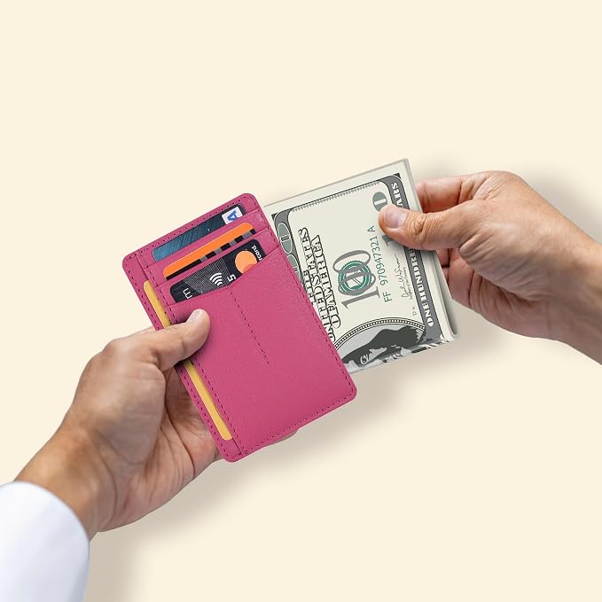 Oak Leathers Leather Slim Minimalist Wallet for Men & Women RFID Front Pocket Leather Card Holder Wallets (Nappa Pink)