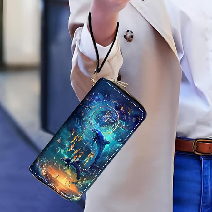Women's Large Capacity Wallet PU Leather Double Zipper Clutch Purse Multifunctional Wallet with Removable Wristlet Strap for Smart Phone/Coin/Card/Cash, Dream Catcher Dolphin