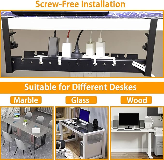 No Drilling Extendable Under Desk Cable Management, Metal Cable Tray Under Desk with Clamp, Retractable Power Strip Cord Holder for Wire