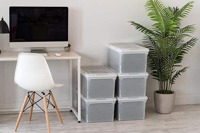 IRIS USA File Box, File Organizer w/Hinged Split Lid for Letter File, Important Document Box, Plastic Storage Filing Bin for Moving, Stackable Nestable Portable, Clear 44 Qt. 5 Pack