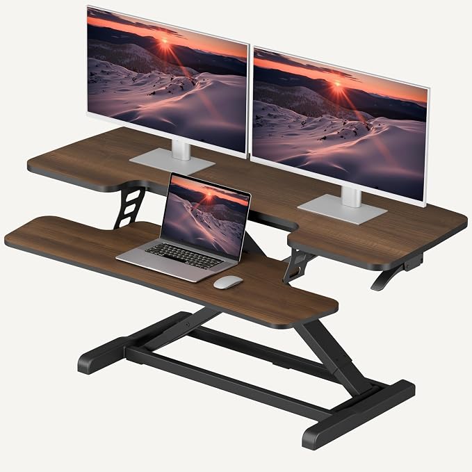 SANODESK 42" Standing Desk Converter, Large Sit-Stand Riser for Dual Monitors & Laptop, Stable Multi-Device Workstation with Keyboard Tray, Home Office Desktop Converter, Walnut