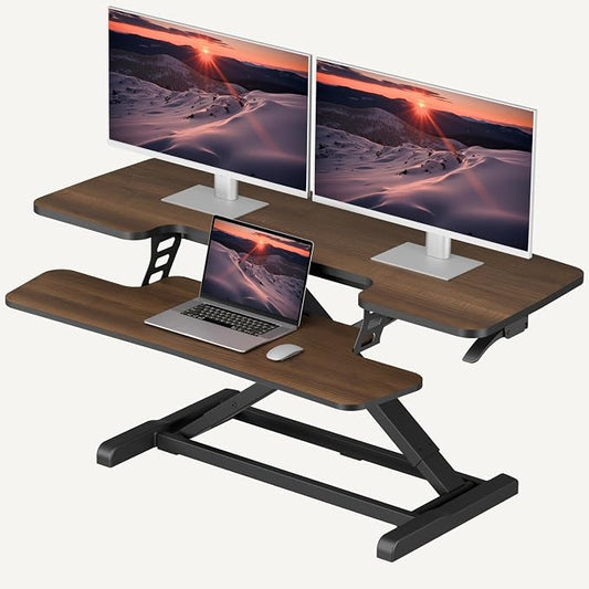 SANODESK 42" Standing Desk Converter, Large Sit-Stand Riser for Dual Monitors & Laptop, Stable Multi-Device Workstation with Keyboard Tray, Home Office Desktop Converter, Walnut