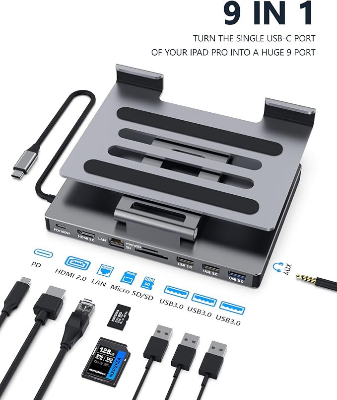 iPad USB C Hub Stand, 9-in-1 Multiport Adapter for iPad Pro M4 M3 M2 13 12.9 11 Inch Docking Station Foldable with 4K60Hz HDMI, RJ45 Gigabit Ethernet, SD/TF Card Reader, USB 3.0, 3.5 mm Audio