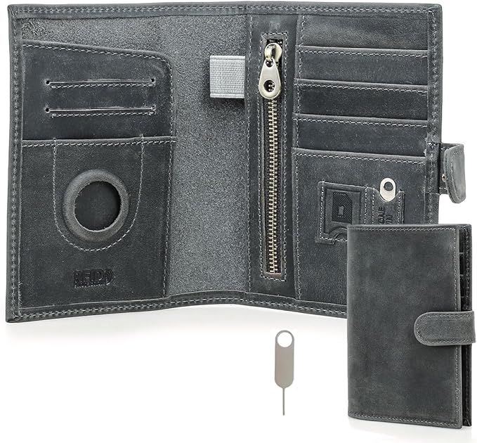 CONTACTS Full Grain Leather Passport Holder with Compatible with Airtag RFID Blocking Passport Wallet Travel Slim Passport Cover with SIM Card Removal Tool (Gray)