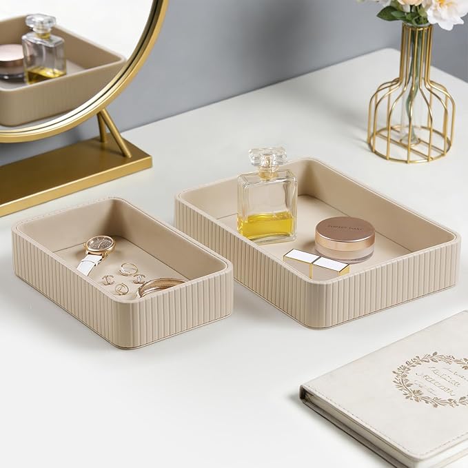 Desk Organizer Tray, PU Leather Nightstand Organizer Perfume Valet Tray for Men Women, Decorative Vanity Trays Trinket Dish Key Bowl for Entryway Table (2pcs, Beige, Large+Small)