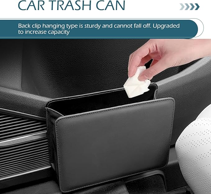 Car Trash Can, Leather Vehicle Trash Bin with 1 Roll Trash Bag, Mini Foldable Seat Back Hanging Storage Bag Container, Waterproof Car Door Storage Box, Universal for Most Cars (Black)