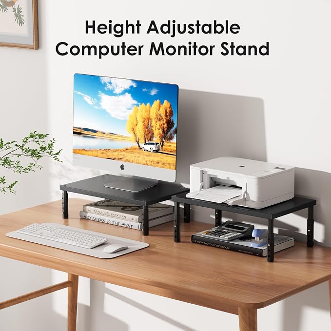 ECOLOVI Wood Laptop Stand for Desk, 4-Height Adjustable Computer Monitor Stand Riser for Desk Organizer and Accessories, Office Desk Accessories Workspace Organizer for Home Office Supplies, Black