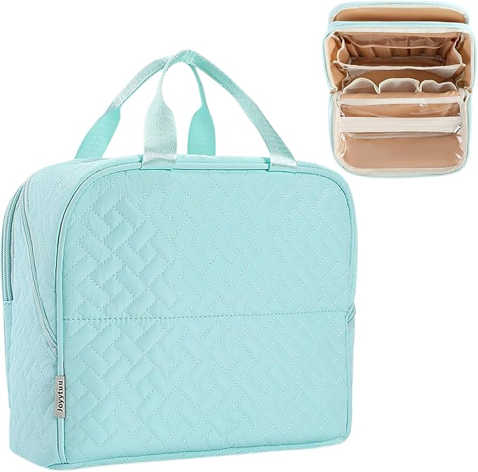Makeup Bag, Stand up Large Capacity with Room for Brushes and Mirror, Travel Makeup Organizer, Portable Standing Make Up Case, Waterproof Cosmetic Toiletry Bags with Handle, Color Mint Green