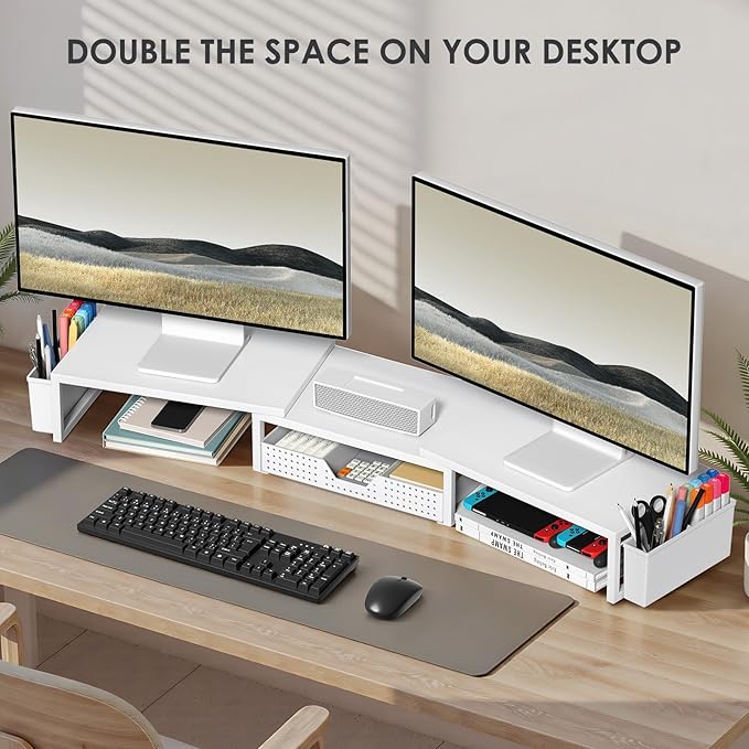 OPNICE Desk Organizers and Accessories, Dual Monitor Stand Riser with Drawer and 2 Pen Holders, Desk Shelf Metal Computer Racks for Office Workspace Organizers, Desktop Organization (White Metal)