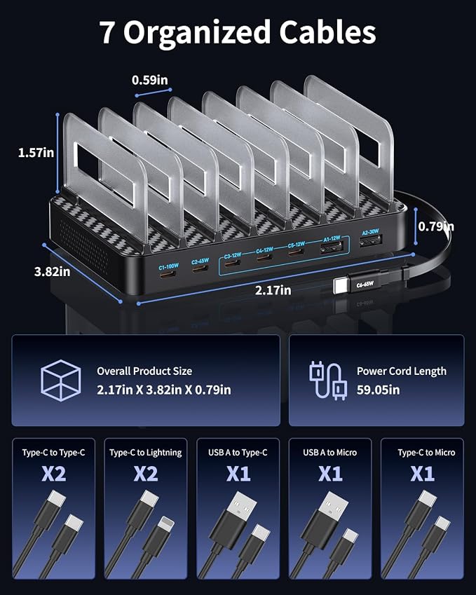 288W Charging Station for Multiple Devices, 8-Port Multi USB C Fast Charger Station Dock with Adjustable Dividers & 7 Cables,Multi-Purpose Desktop and Wall Fast Charger for iPhone, iPad,Tablets & More