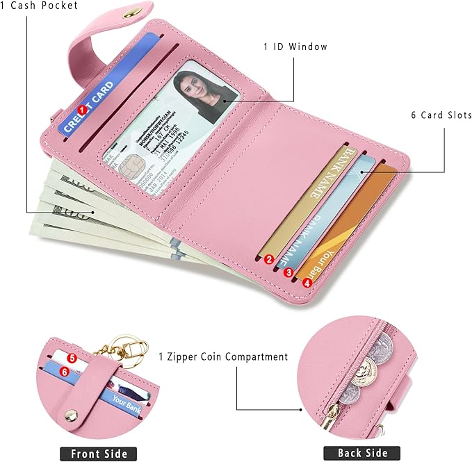 Airkit Small Wallets Woman RFID Blocking Leather Credit Card Holder - with ID Window - Card Wallets for Women - with Zipper Coin Purse - Keychain Wallet