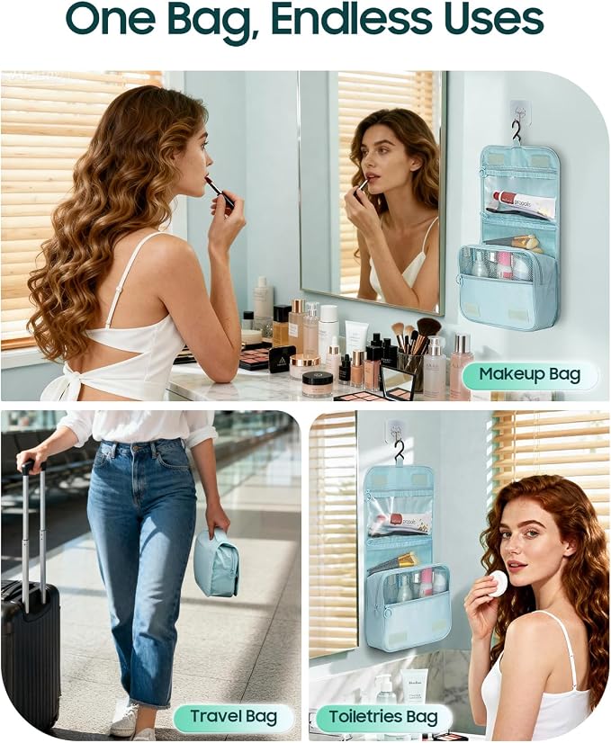 FINPAC Toiletry Bag, Large Capacity Hanging Makeup Bag with Waterproof PVC Compartment, Travel Cosmetic Organizer for Women, Makeup Lovers, Cruise, Gym, and Family Trips, Blue