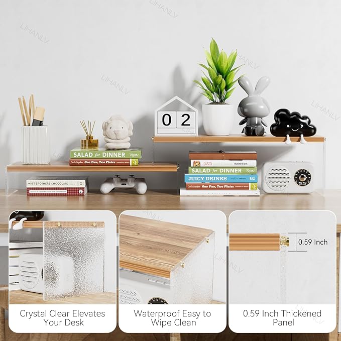 Adjustable Monitor Stand Riser with Acrylic Legs丨7.67" Wide Dual Monitor Stand for Desk丨2-Tier Wood Desktop Organizer for Computer, Laptop, Printer & PC丨Modern Aesthetic Desk Shelf(wood-glacial striae)
