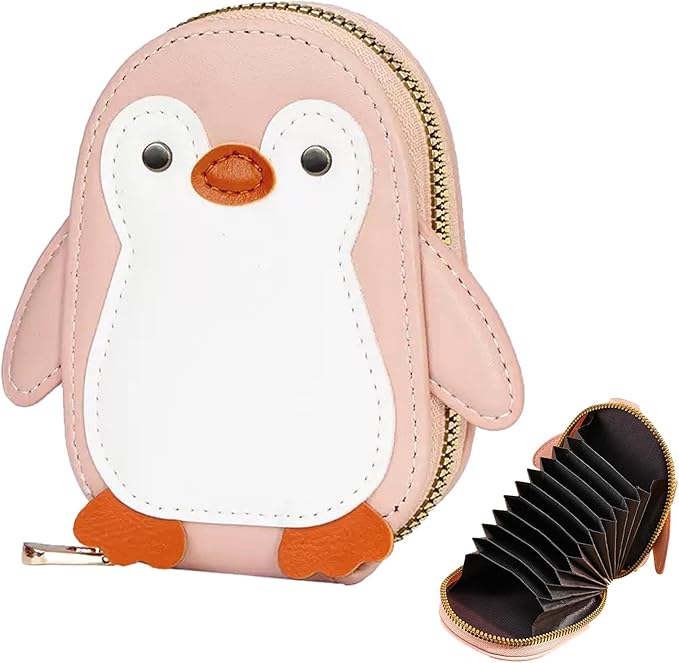 Cute Cartoon Penguin-shaped Coin Purse PU Leather Accordion Card Holder Large Capacity Zippered Money and Card Organizer Portable Mini Coin Purse (pink)