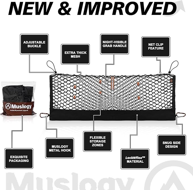 Muslogy Truck Bed Cargo Net Trunk Netting Compatible with 2022-2025 2026 Nissan Pathfinder Accessories, Pickup Cargo Organizer SUV Sedan Storage Net w/Heavy Duty Carabiners