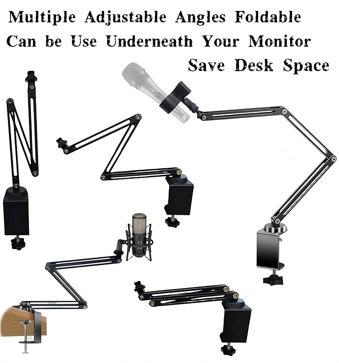 Low Profile Mic Boom Arm Stand 360° Rotatable Adjustable Compact and Foldable Table Microphone Arm Holds 2.5kg with 3/8" to 5/8" Screw Adapter for Game Streaming Podcast Broadcast (C Clamp Mount)