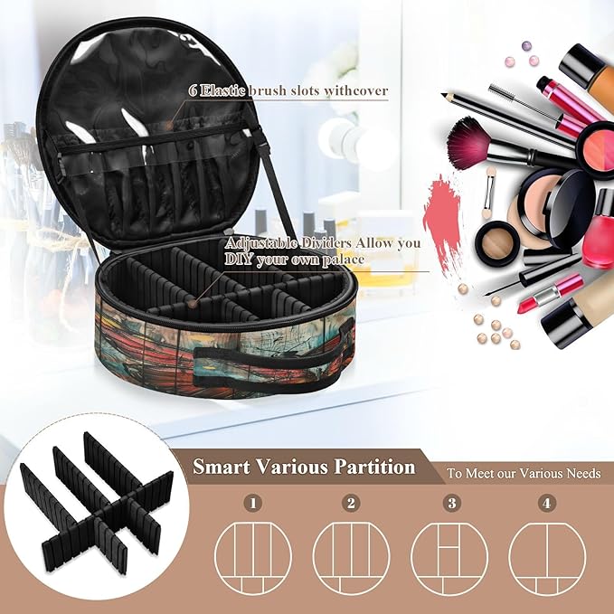 senya Round Cosmetic Pouch Travel Makeup Train Case Butterfly Wooden Makeup Organizer Bag with Adjustable Dividers Portable for Cosmetics Makeup Brushes Toiletry Jewelry Accessories
