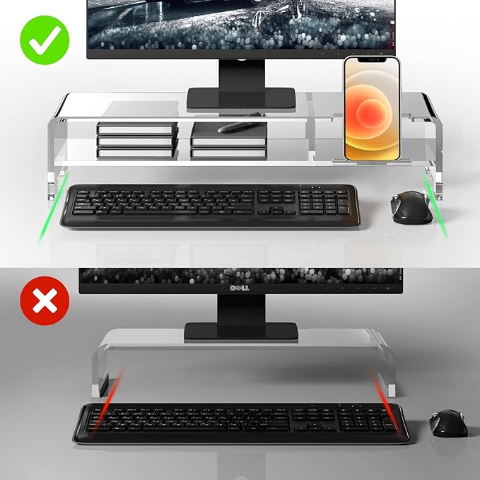 BEYGORM Acrylic Monitor Stand for Full Keyboard, 20" Wide 2-Tier Riser with Storage Shelf and Phone Holder, Desktop Organizer for Laptop, Printer, Screen (Clear)